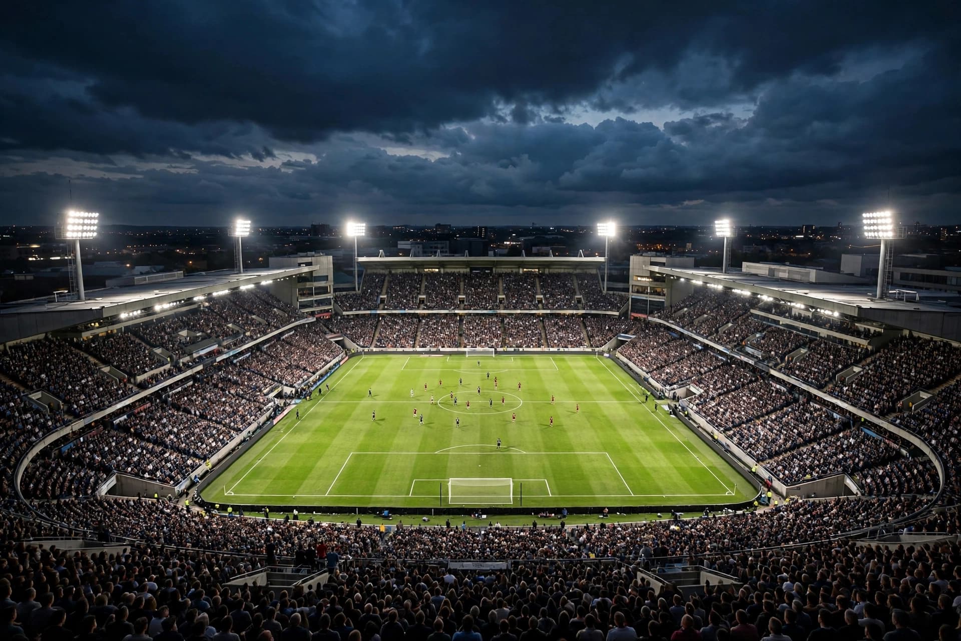 A packed football stadium under floodlights at night