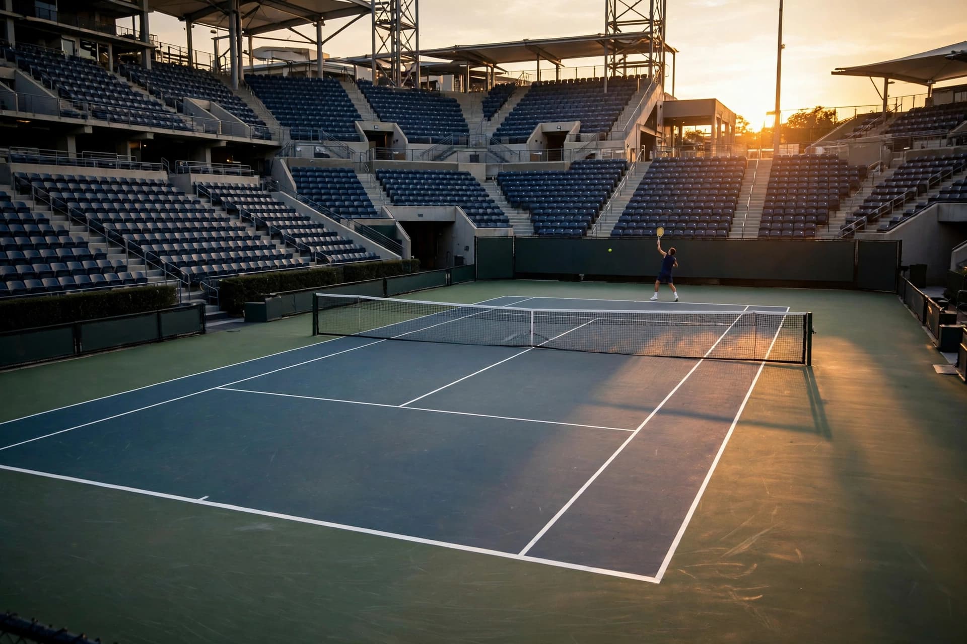 A tennis hard court at golden hour